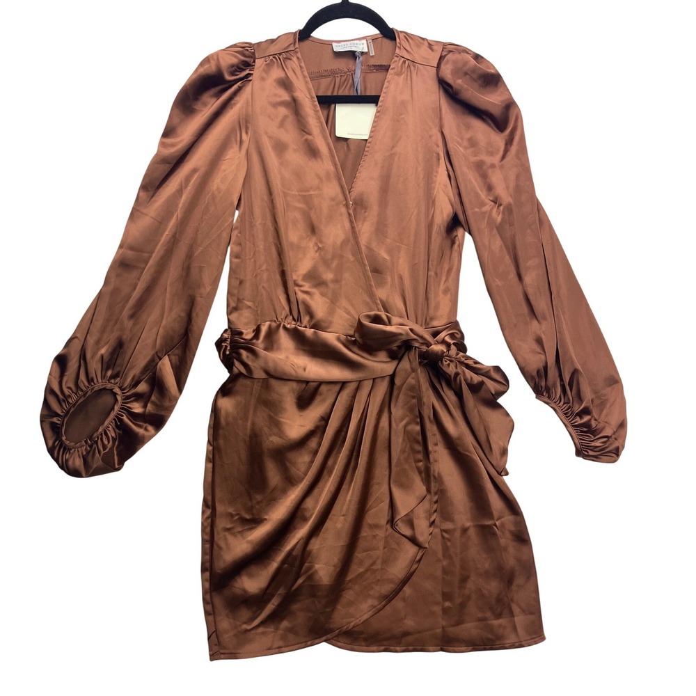 Dress Forum Brown Satin‎ Wrap Mini Dress Puff Sleeve Small NEW Miniimalist Sexy